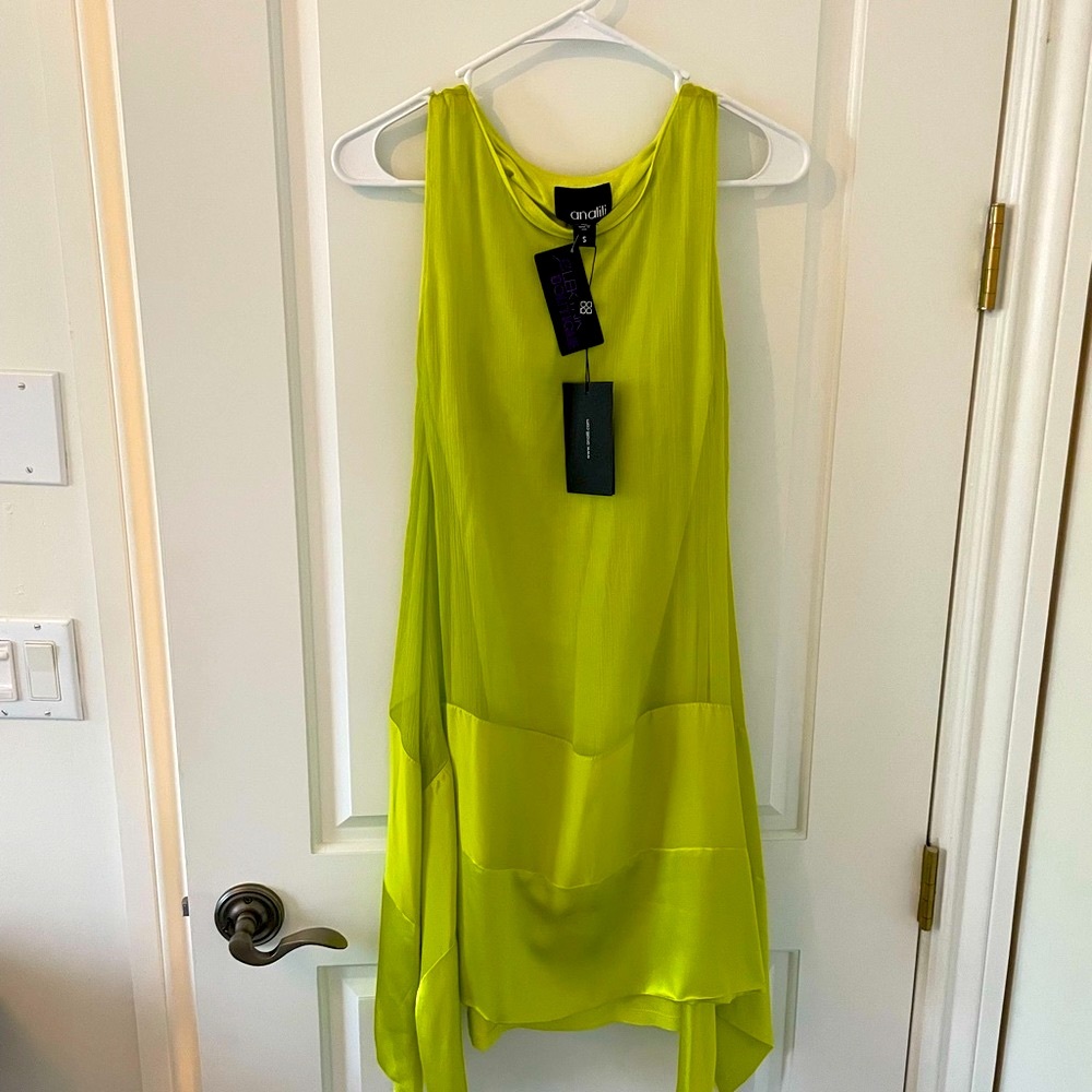 NWT Analili Neon Lime Green chiffon & silk dress Small